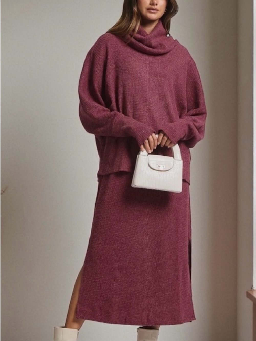 NWT Relaxed Cowlneck Sweater & Knit Skirt Set in Berry